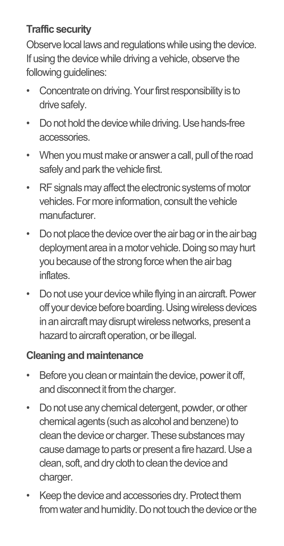 Traffic security, Cleaning and maintenance | Huawei Ascend G510 Quick Start User Manual | Page 21 / 31