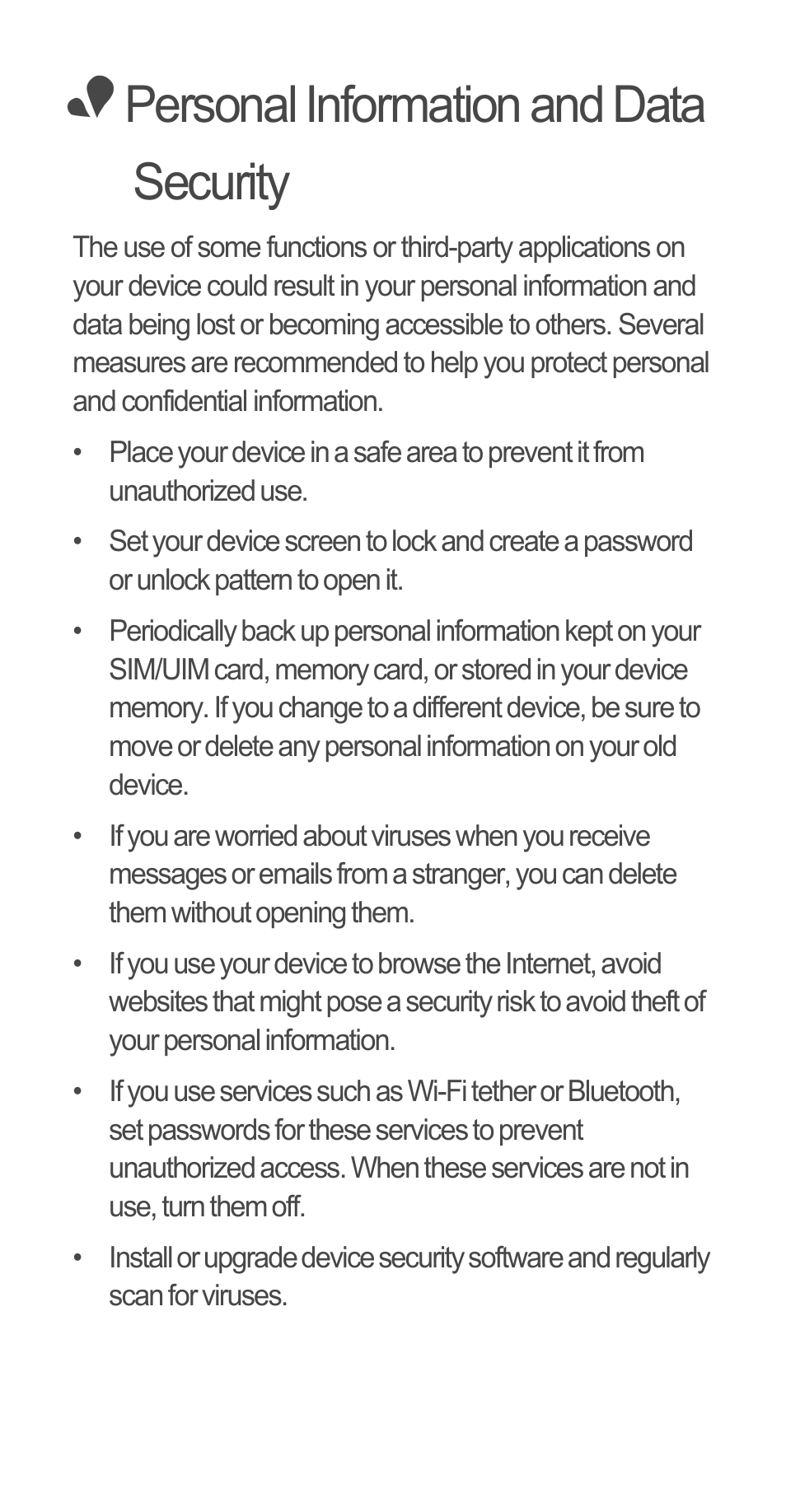 Personal information and data security | Huawei Ascend G510 Quick Start User Manual | Page 28 / 31