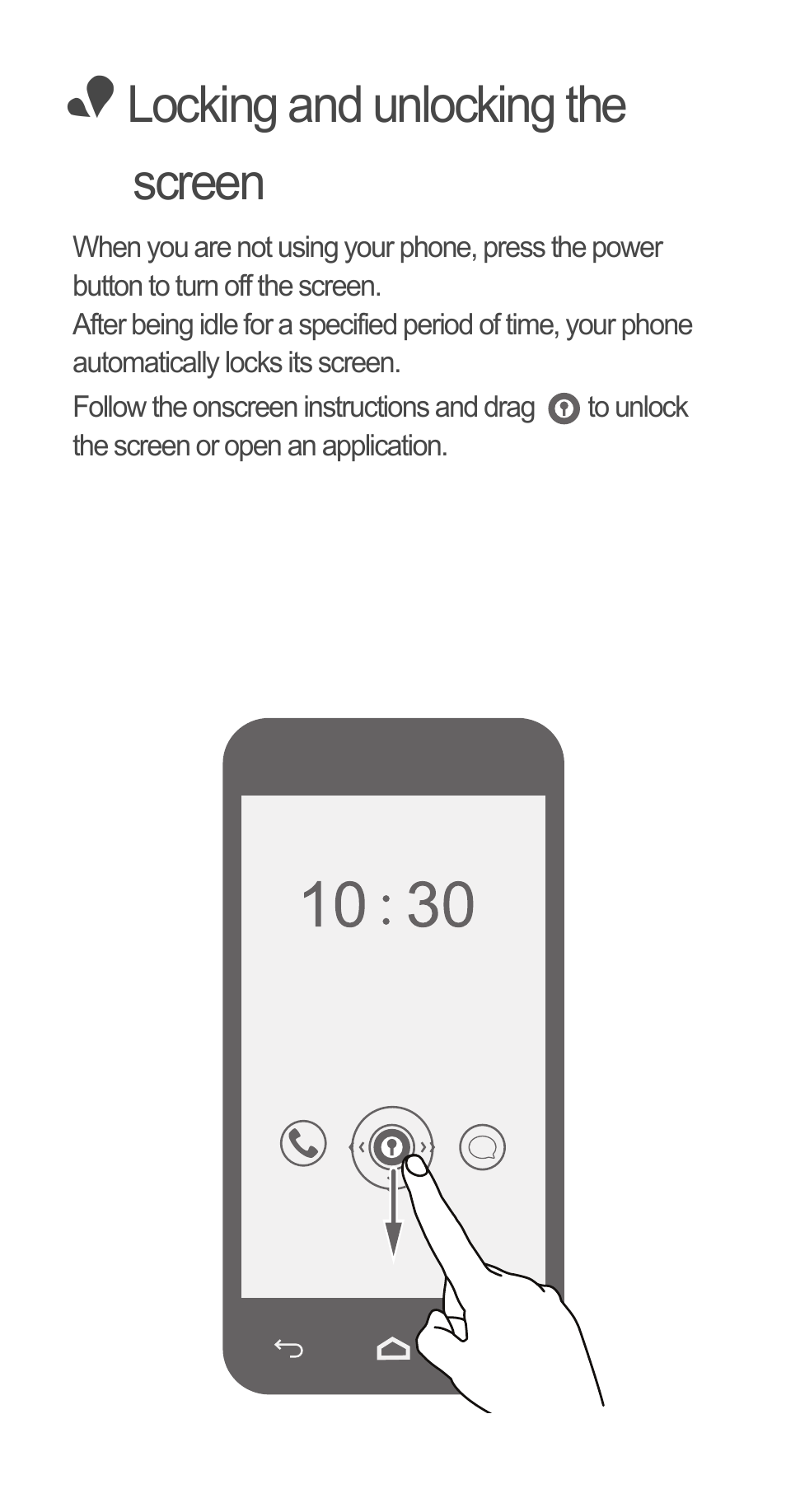 Locking and unlocking the screen | Huawei Ascend G510 Quick Start User Manual | Page 4 / 31