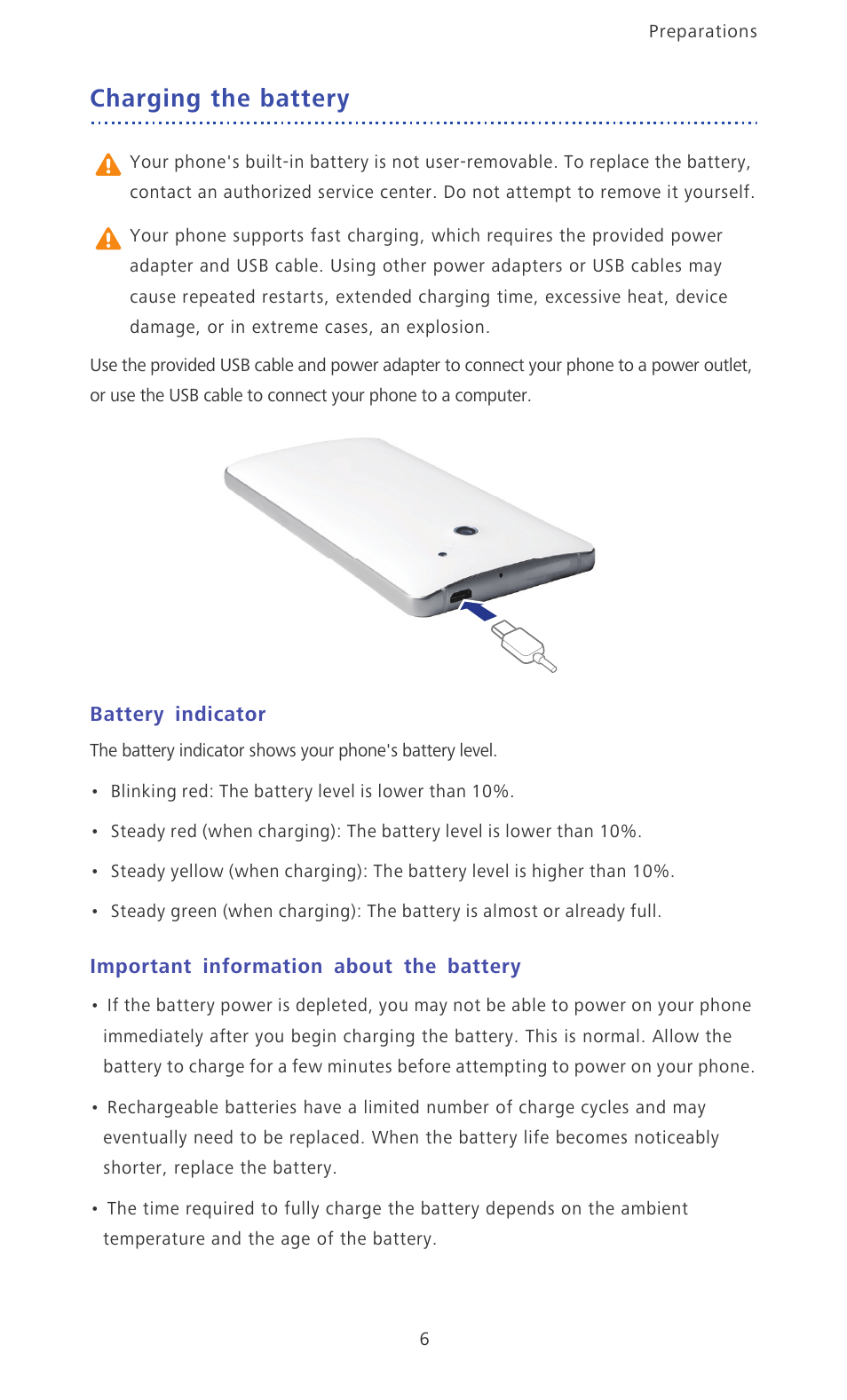 Charging the battery, Battery indicator, Important information about the battery | Huawei Ascend D2 User Manual | Page 11 / 103