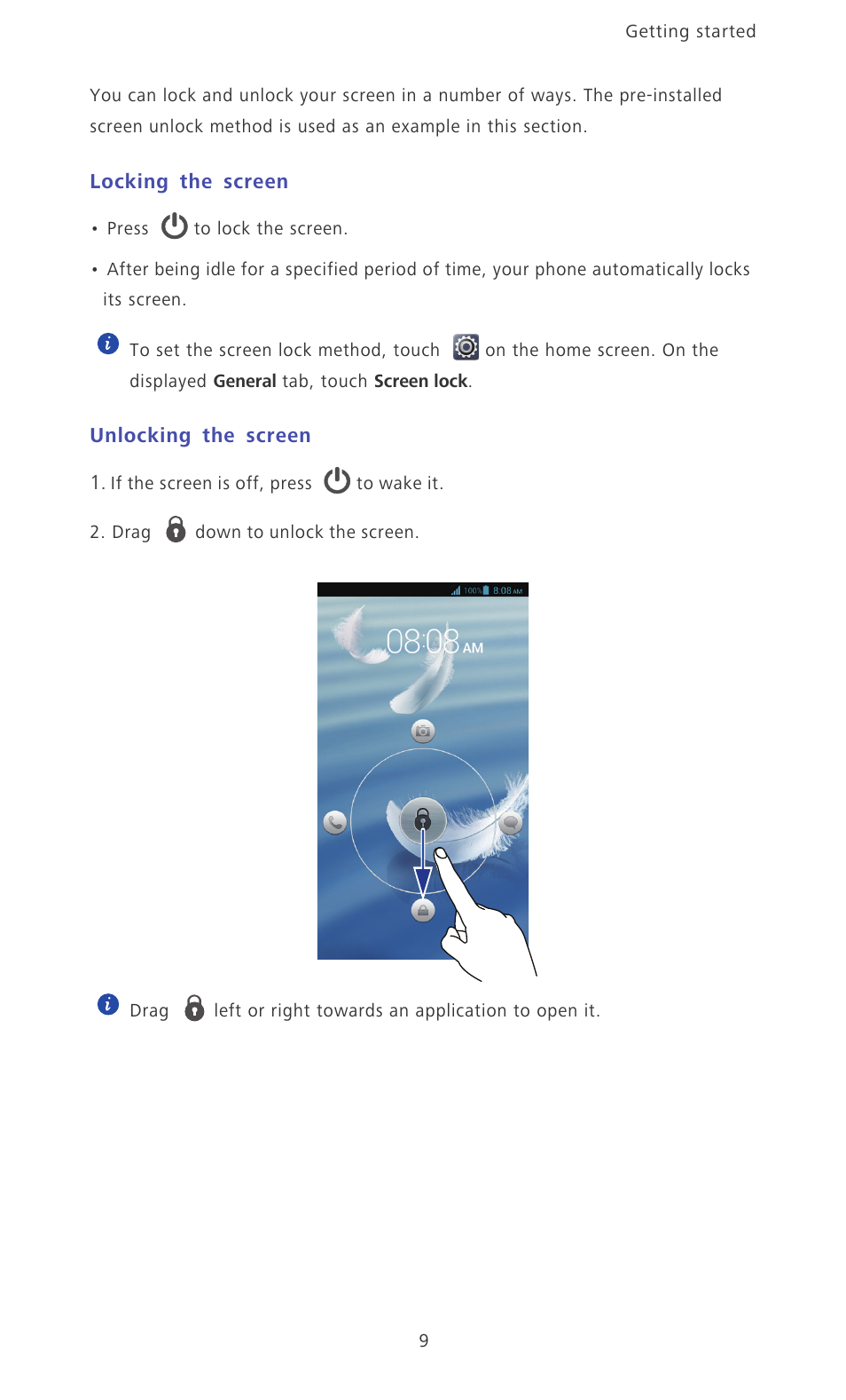 Locking the screen, Unlocking the screen | Huawei Ascend D2 User Manual | Page 14 / 103