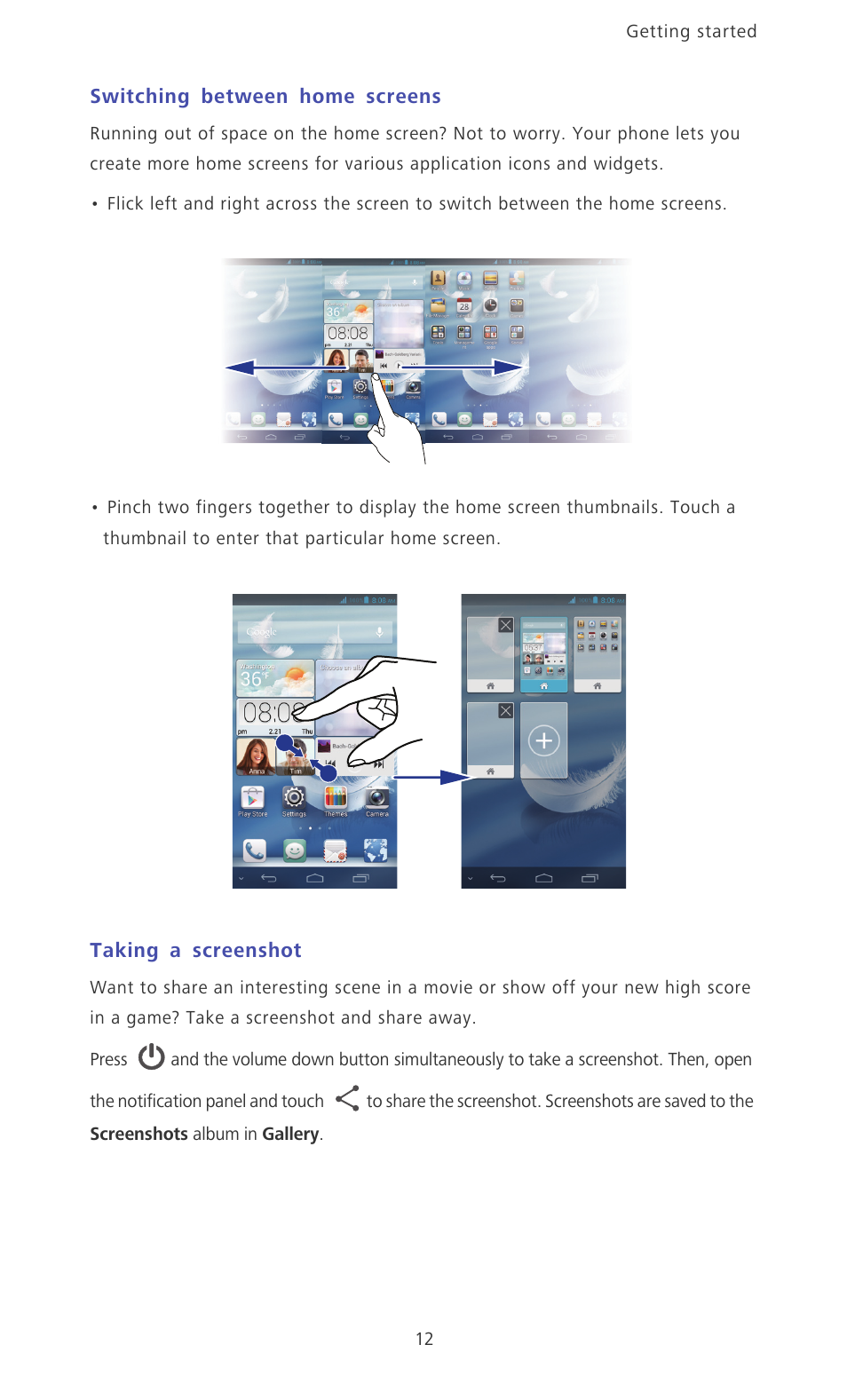 Switching between home screens, Taking a screenshot | Huawei Ascend D2 User Manual | Page 17 / 103