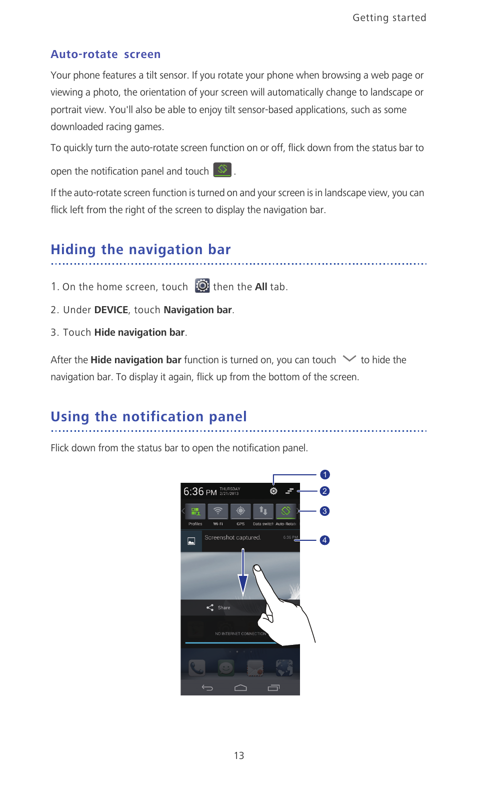 Auto-rotate screen, Hiding the navigation bar, Using the notification panel | Huawei Ascend D2 User Manual | Page 18 / 103