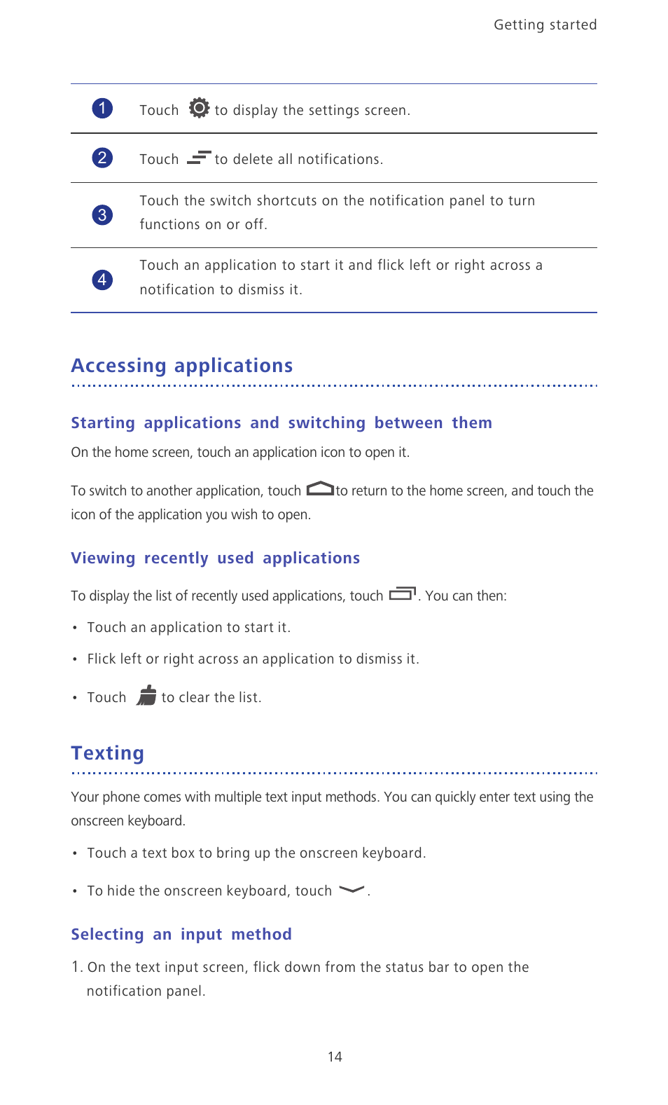 Accessing applications, Starting applications and switching between them, Viewing recently used applications | Texting, Selecting an input method | Huawei Ascend D2 User Manual | Page 19 / 103