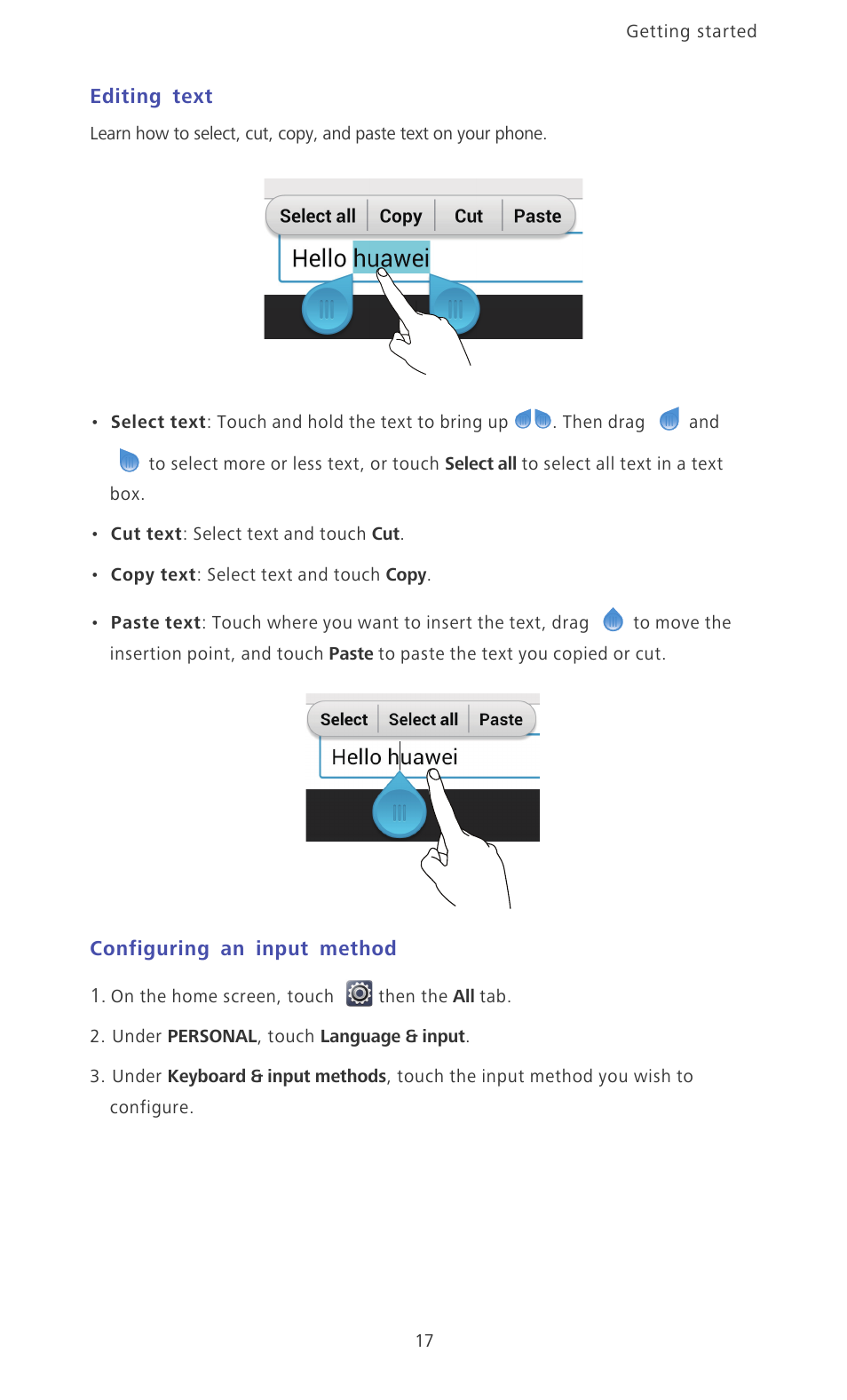 Editing text, Configuring an input method | Huawei Ascend D2 User Manual | Page 22 / 103