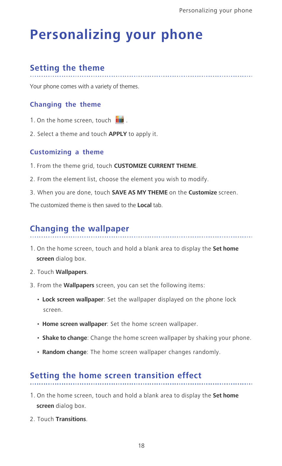 Personalizing your phone, Setting the theme, Changing the theme | Customizing a theme, Changing the wallpaper, Setting the home screen transition effect | Huawei Ascend D2 User Manual | Page 23 / 103