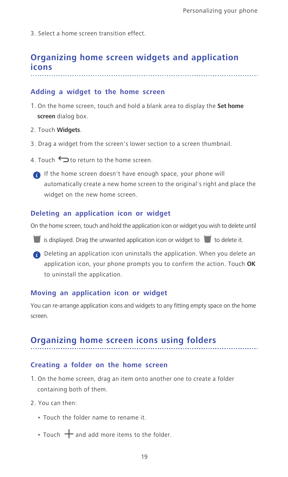 Adding a widget to the home screen, Deleting an application icon or widget, Moving an application icon or widget | Organizing home screen icons using folders, Creating a folder on the home screen | Huawei Ascend D2 User Manual | Page 24 / 103