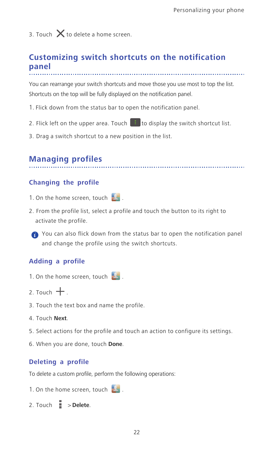 Managing profiles, Changing the profile, Adding a profile | Deleting a profile | Huawei Ascend D2 User Manual | Page 27 / 103