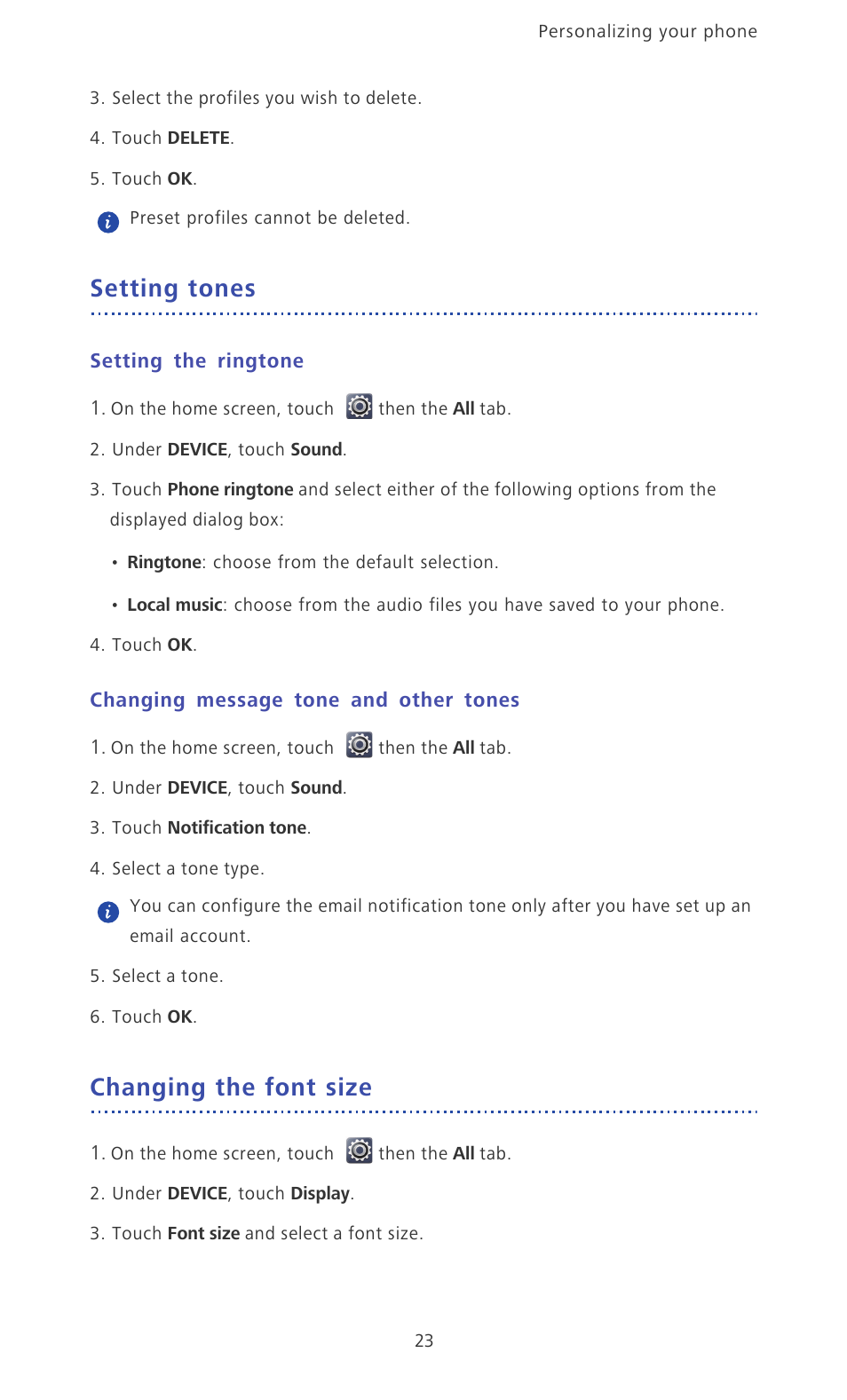 Setting tones, Setting the ringtone, Changing message tone and other tones | Changing the font size | Huawei Ascend D2 User Manual | Page 28 / 103