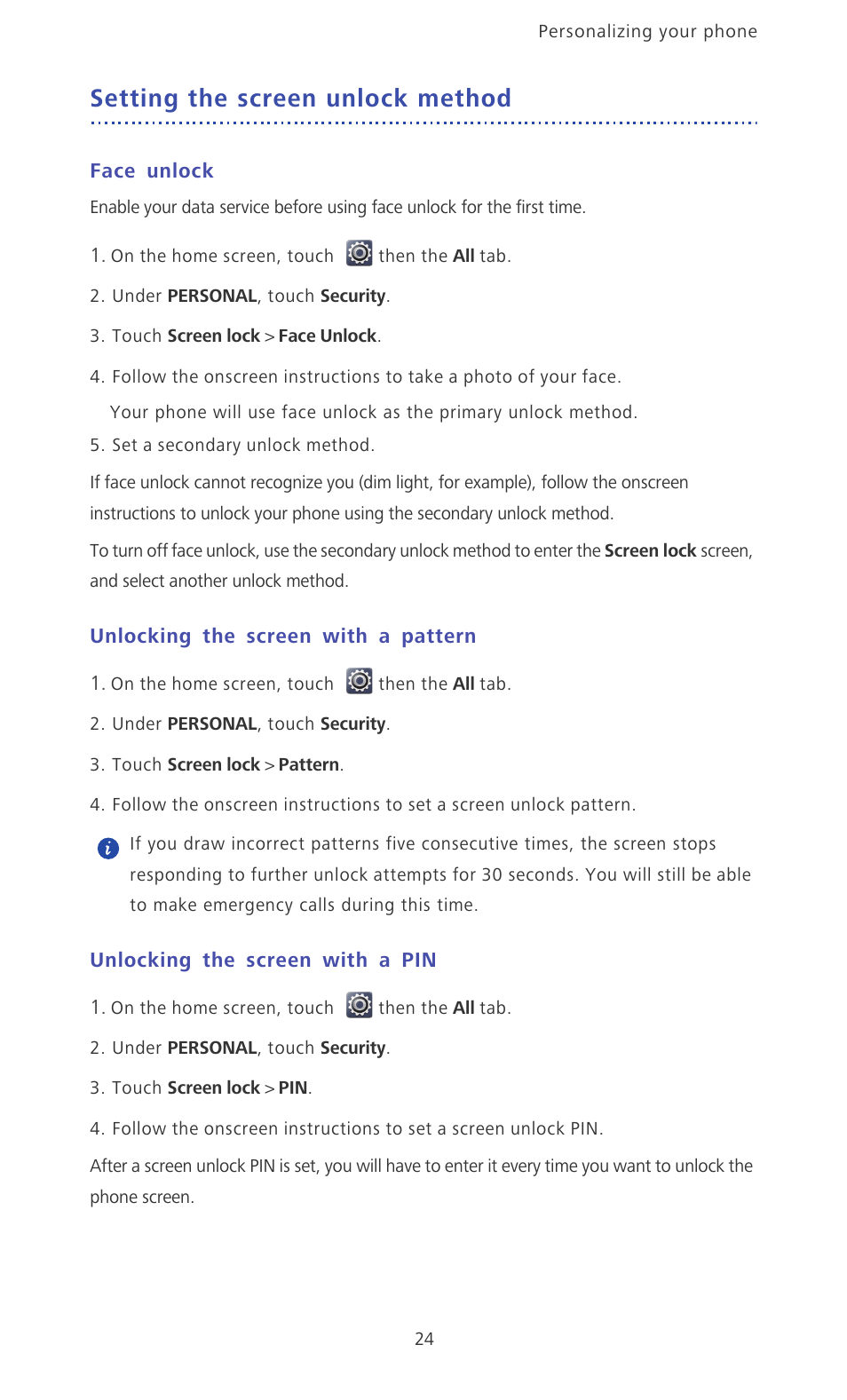 Setting the screen unlock method, Face unlock, Unlocking the screen with a pattern | Unlocking the screen with a pin | Huawei Ascend D2 User Manual | Page 29 / 103