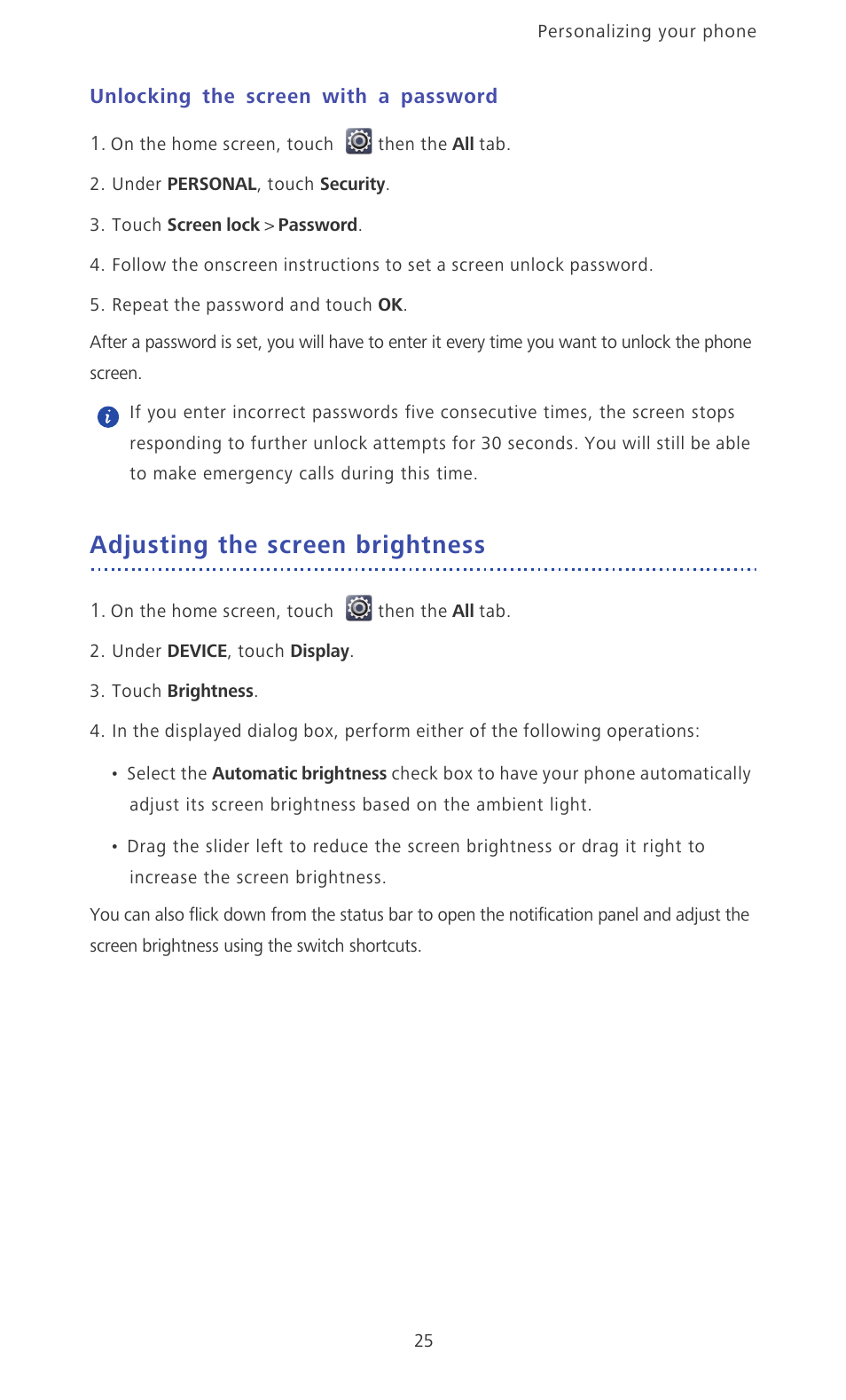Unlocking the screen with a password, Adjusting the screen brightness | Huawei Ascend D2 User Manual | Page 30 / 103