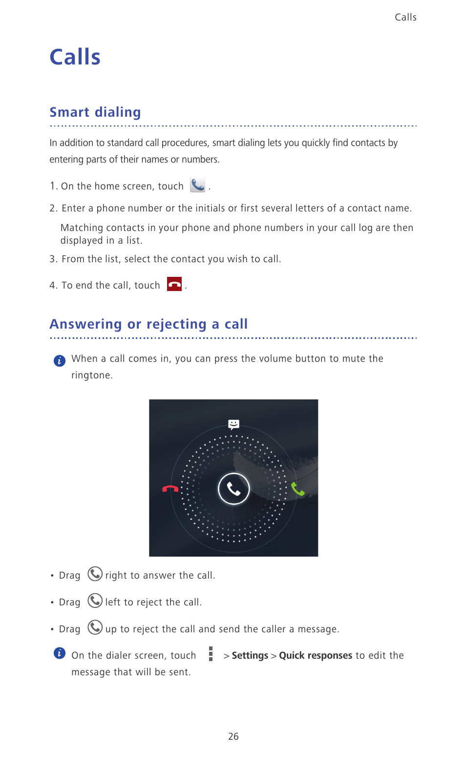 Calls, Smart dialing, Answering or rejecting a call | Huawei Ascend D2 User Manual | Page 31 / 103