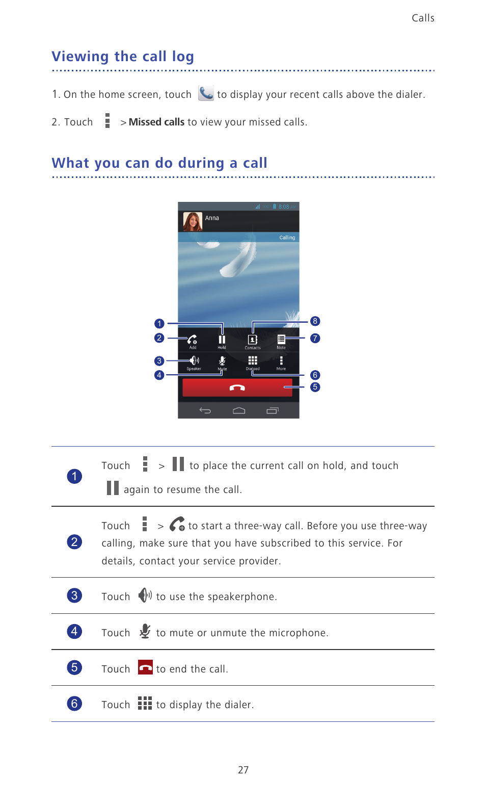 Viewing the call log, What you can do during a call | Huawei Ascend D2 User Manual | Page 32 / 103