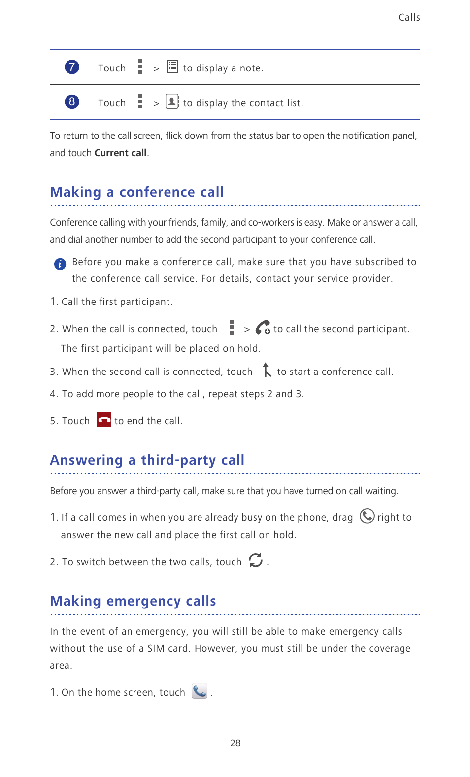 Making a conference call, Answering a third-party call, Making emergency calls | Huawei Ascend D2 User Manual | Page 33 / 103