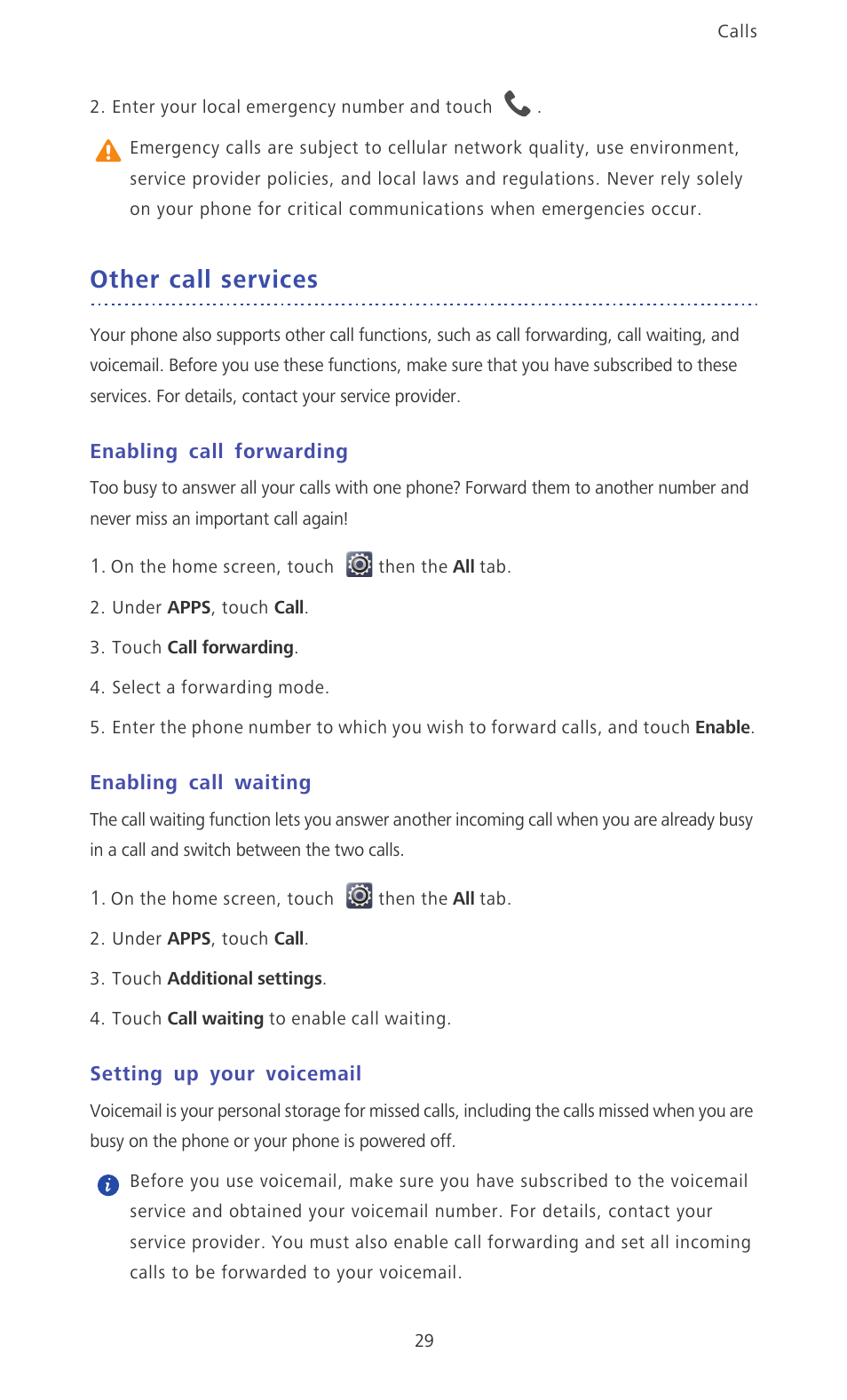 Other call services, Enabling call forwarding, Enabling call waiting | Setting up your voicemail | Huawei Ascend D2 User Manual | Page 34 / 103