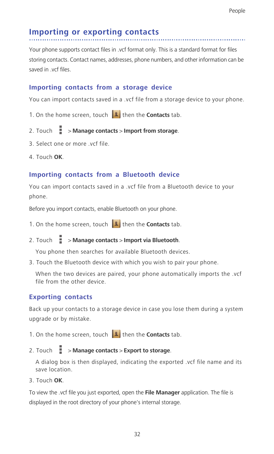 Importing or exporting contacts, Importing contacts from a storage device, Importing contacts from a bluetooth device | Exporting contacts | Huawei Ascend D2 User Manual | Page 37 / 103