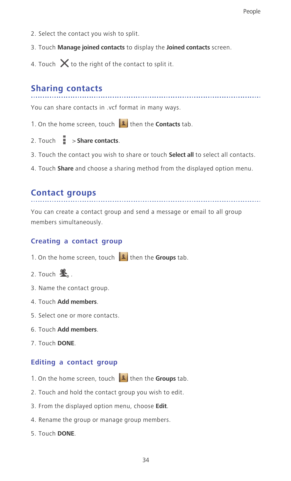 Sharing contacts, Contact groups, Creating a contact group | Editing a contact group | Huawei Ascend D2 User Manual | Page 39 / 103