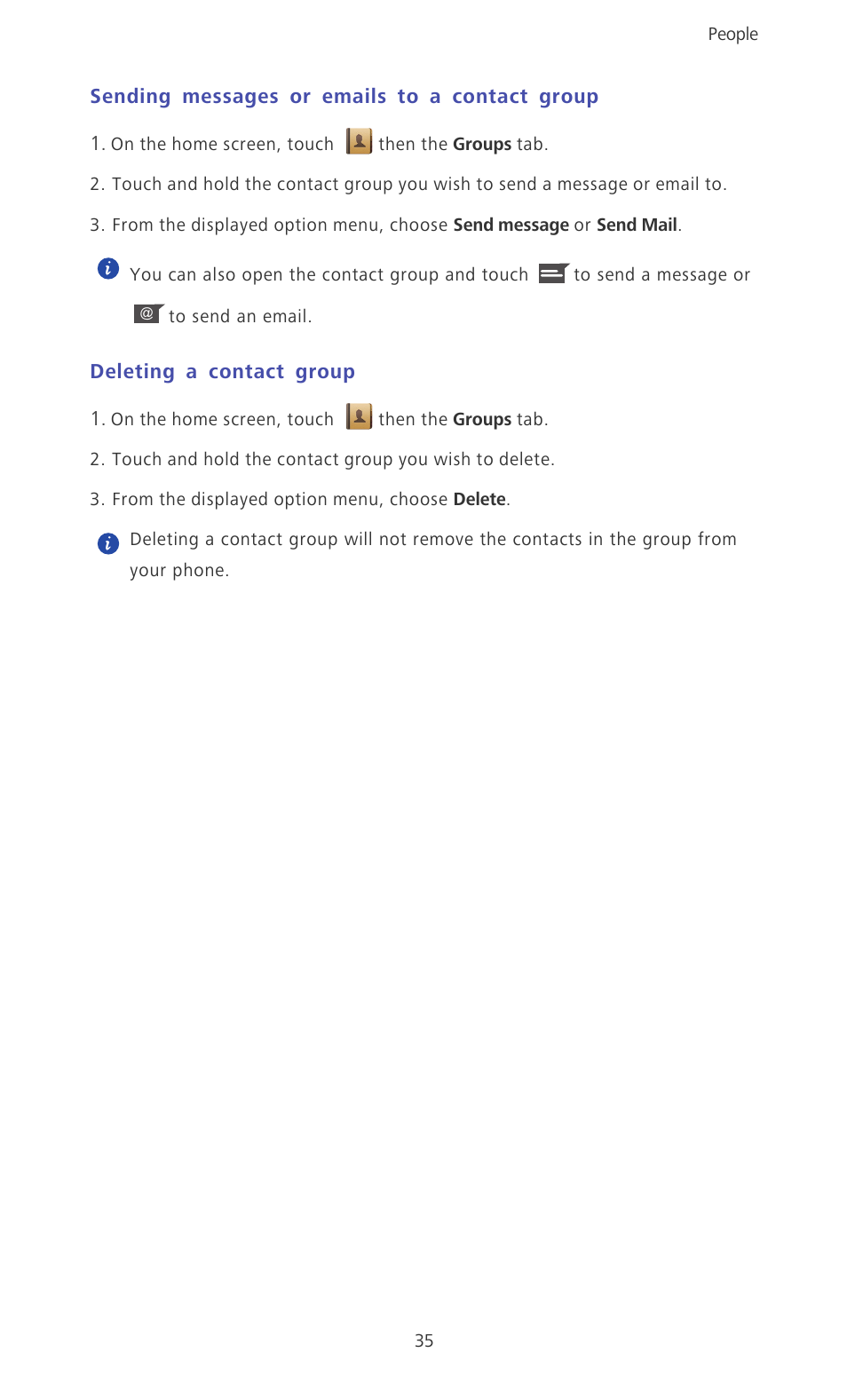 Sending messages or emails to a contact group, Deleting a contact group | Huawei Ascend D2 User Manual | Page 40 / 103
