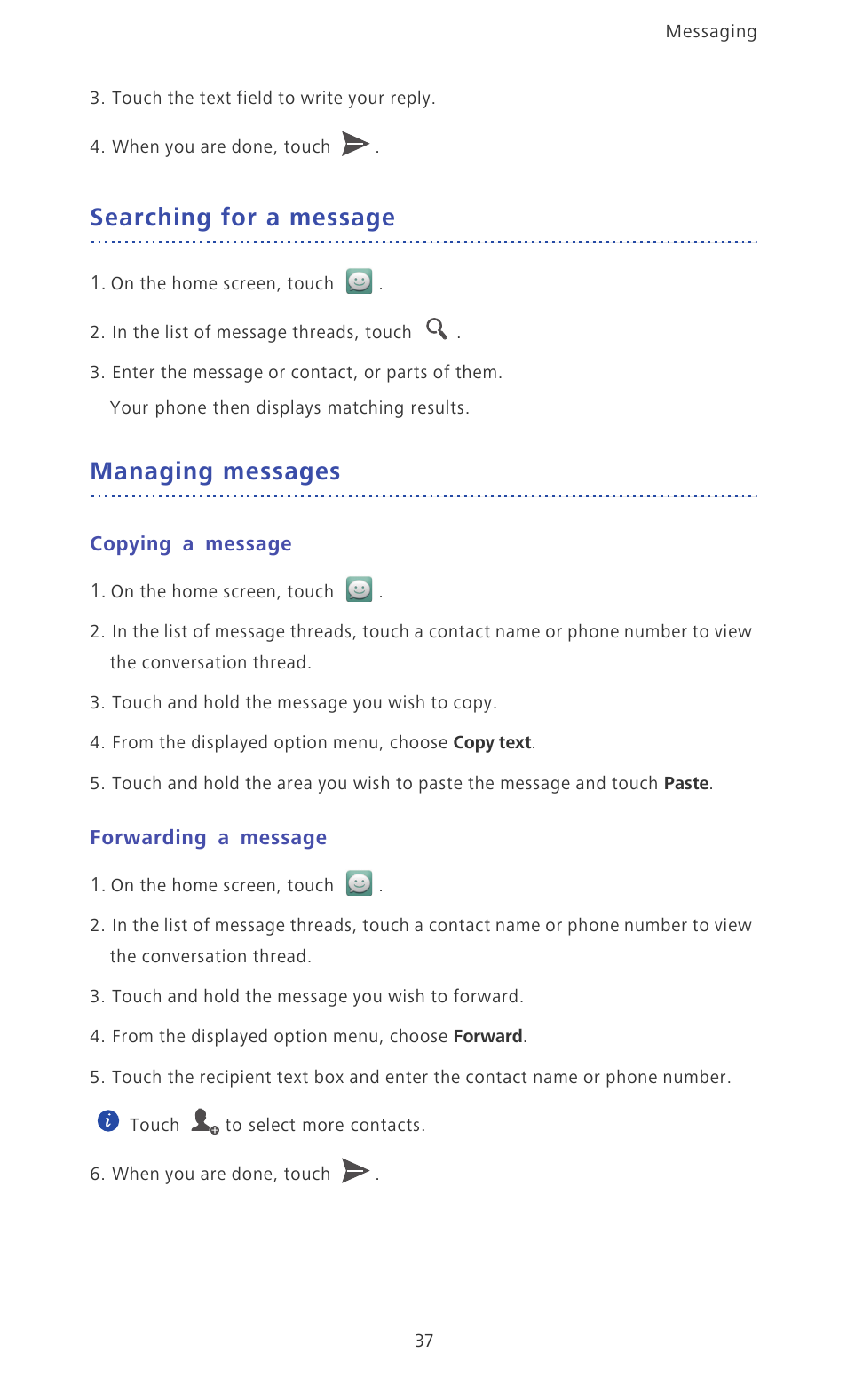 Searching for a message, Managing messages, Copying a message | Forwarding a message | Huawei Ascend D2 User Manual | Page 42 / 103