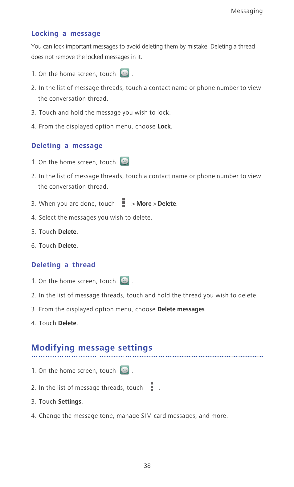 Locking a message, Deleting a message, Deleting a thread | Modifying message settings | Huawei Ascend D2 User Manual | Page 43 / 103