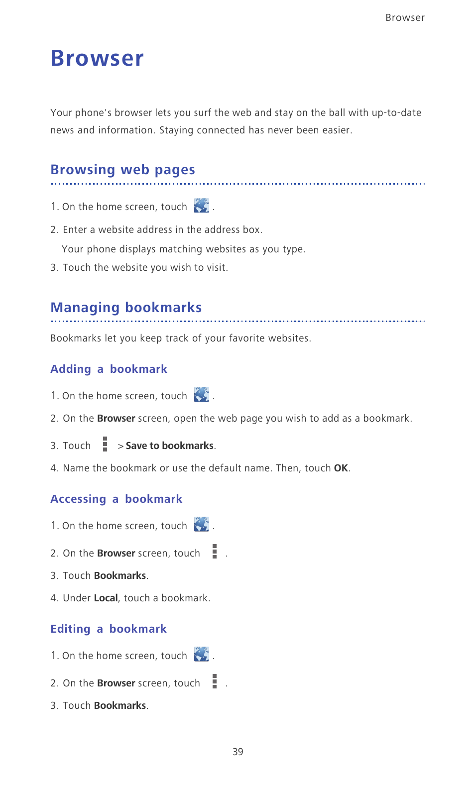 Browser, Managing bookmarks, Adding a bookmark | Accessing a bookmark, Editing a bookmark, Browsing web pages | Huawei Ascend D2 User Manual | Page 44 / 103