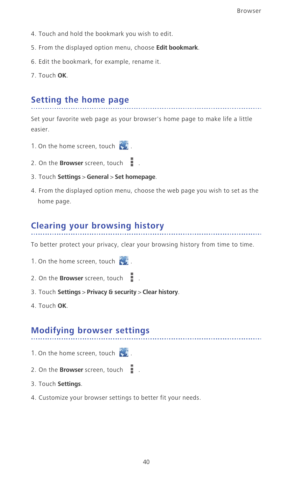 Clearing your browsing history, Modifying browser settings, Setting the home page | Huawei Ascend D2 User Manual | Page 45 / 103