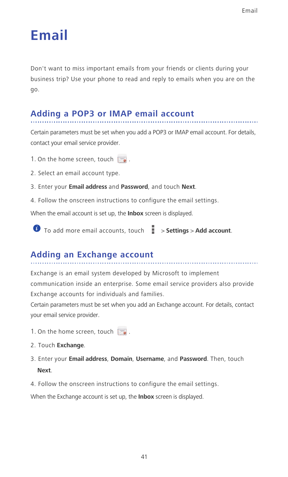 Email, Adding a pop3 or imap email account, Adding an exchange account | Huawei Ascend D2 User Manual | Page 46 / 103