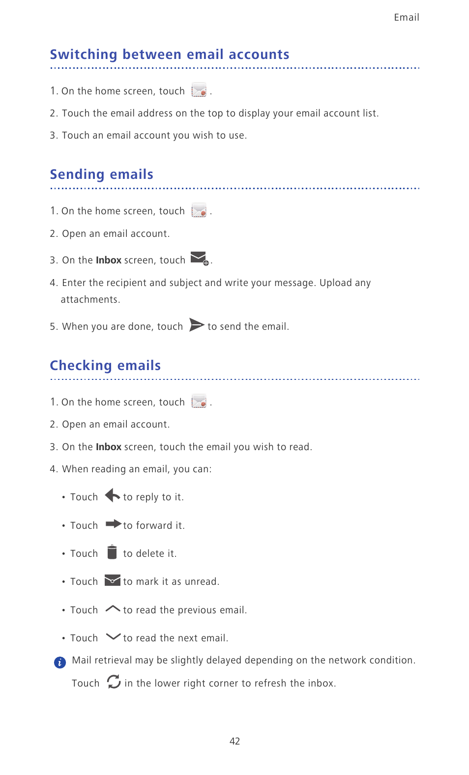 Switching between email accounts, Sending emails, Checking emails | Huawei Ascend D2 User Manual | Page 47 / 103