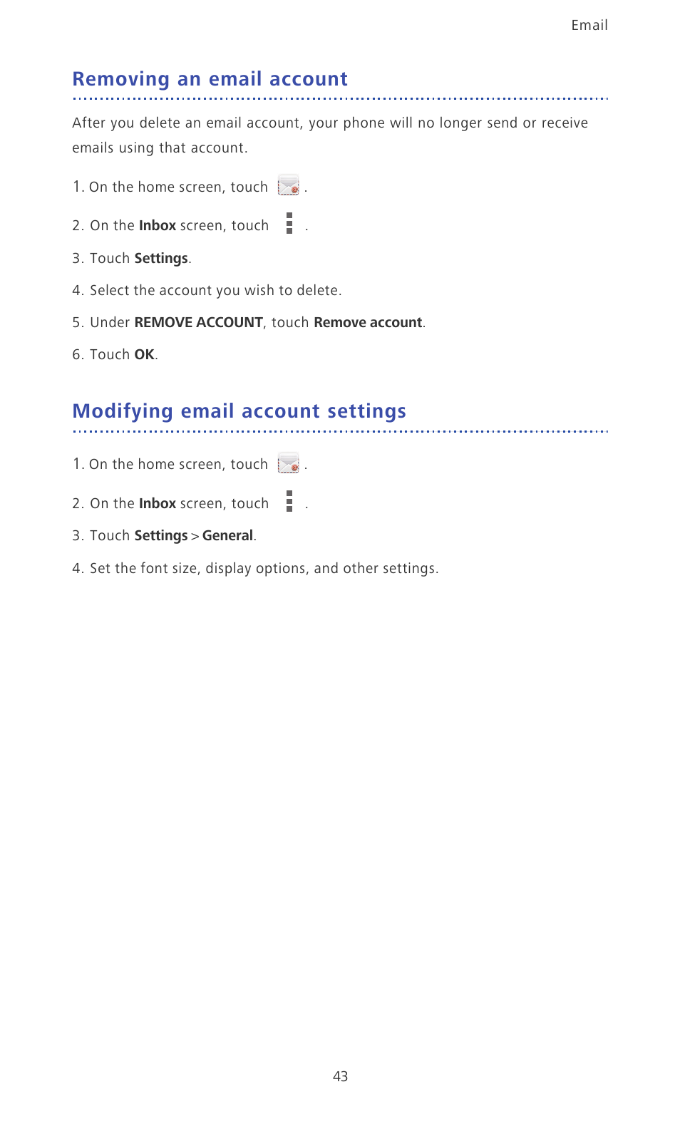 Removing an email account, Modifying email account settings | Huawei Ascend D2 User Manual | Page 48 / 103