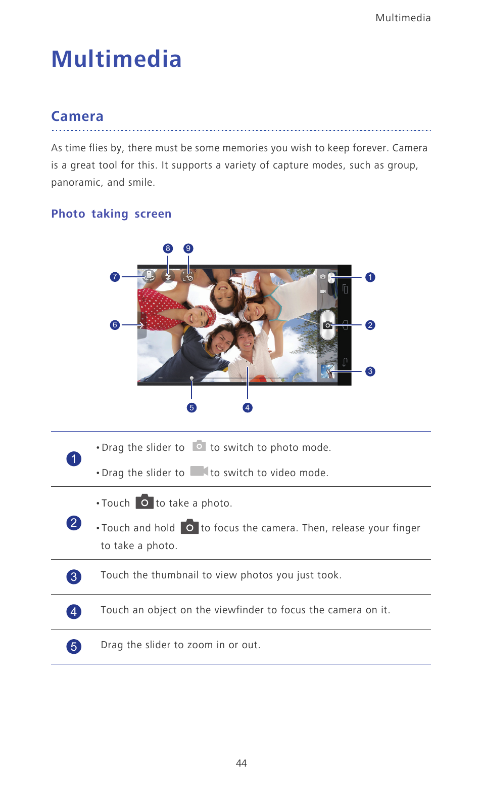 Multimedia, Camera, Photo taking screen | Huawei Ascend D2 User Manual | Page 49 / 103