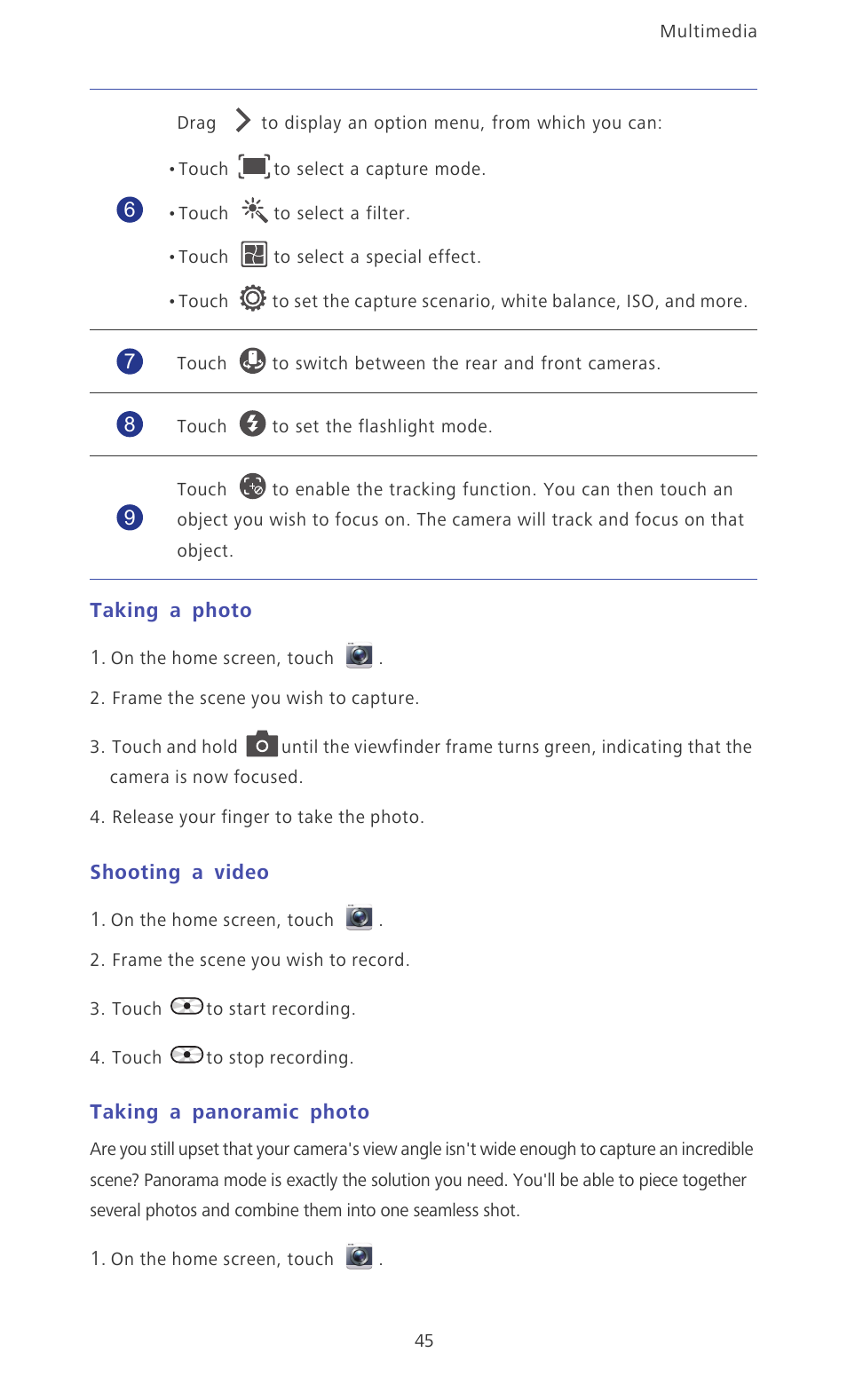 Taking a photo, Shooting a video, Taking a panoramic photo | Huawei Ascend D2 User Manual | Page 50 / 103