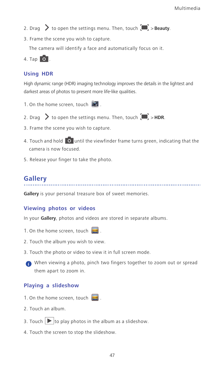 Using hdr, Gallery, Viewing photos or videos | Playing a slideshow | Huawei Ascend D2 User Manual | Page 52 / 103