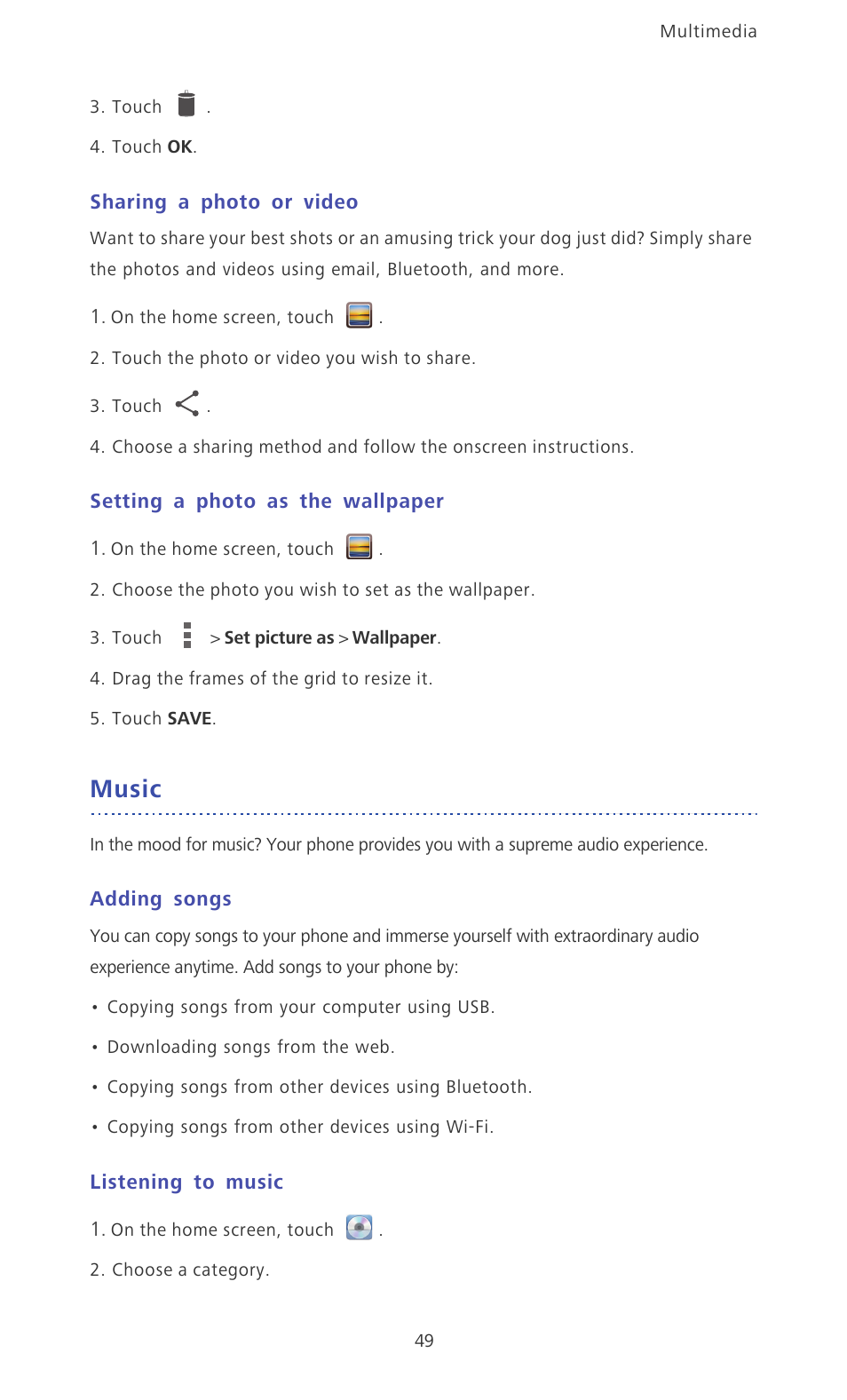Sharing a photo or video, Setting a photo as the wallpaper, Music | Adding songs, Listening to music | Huawei Ascend D2 User Manual | Page 54 / 103
