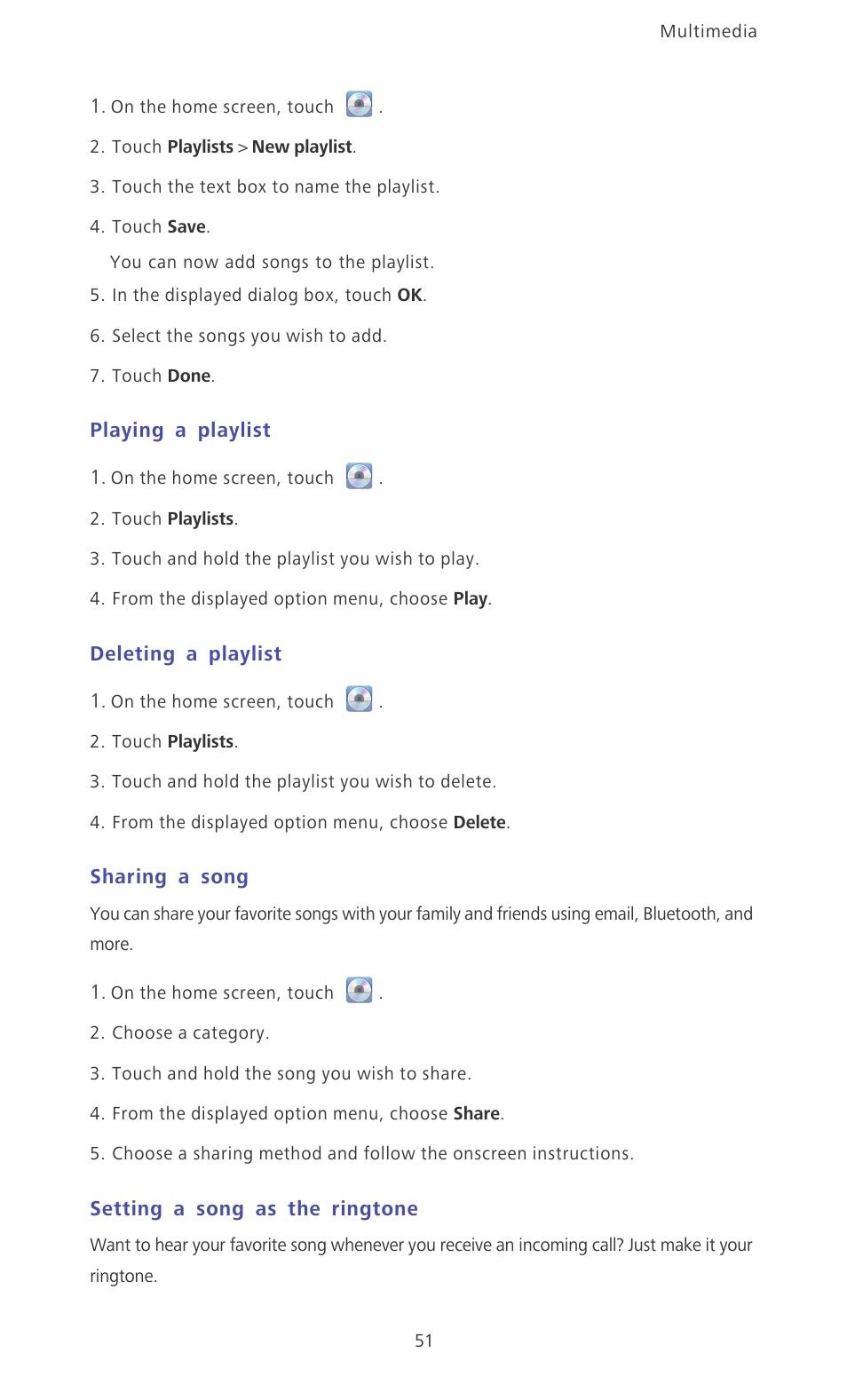 Playing a playlist, Deleting a playlist, Sharing a song | Setting a song as the ringtone | Huawei Ascend D2 User Manual | Page 56 / 103