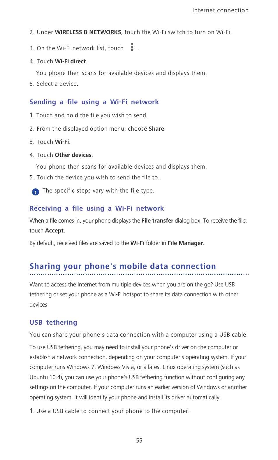 Sending a file using a wi-fi network, Receiving a file using a wi-fi network, Sharing your phone's mobile data connection | Usb tethering | Huawei Ascend D2 User Manual | Page 60 / 103