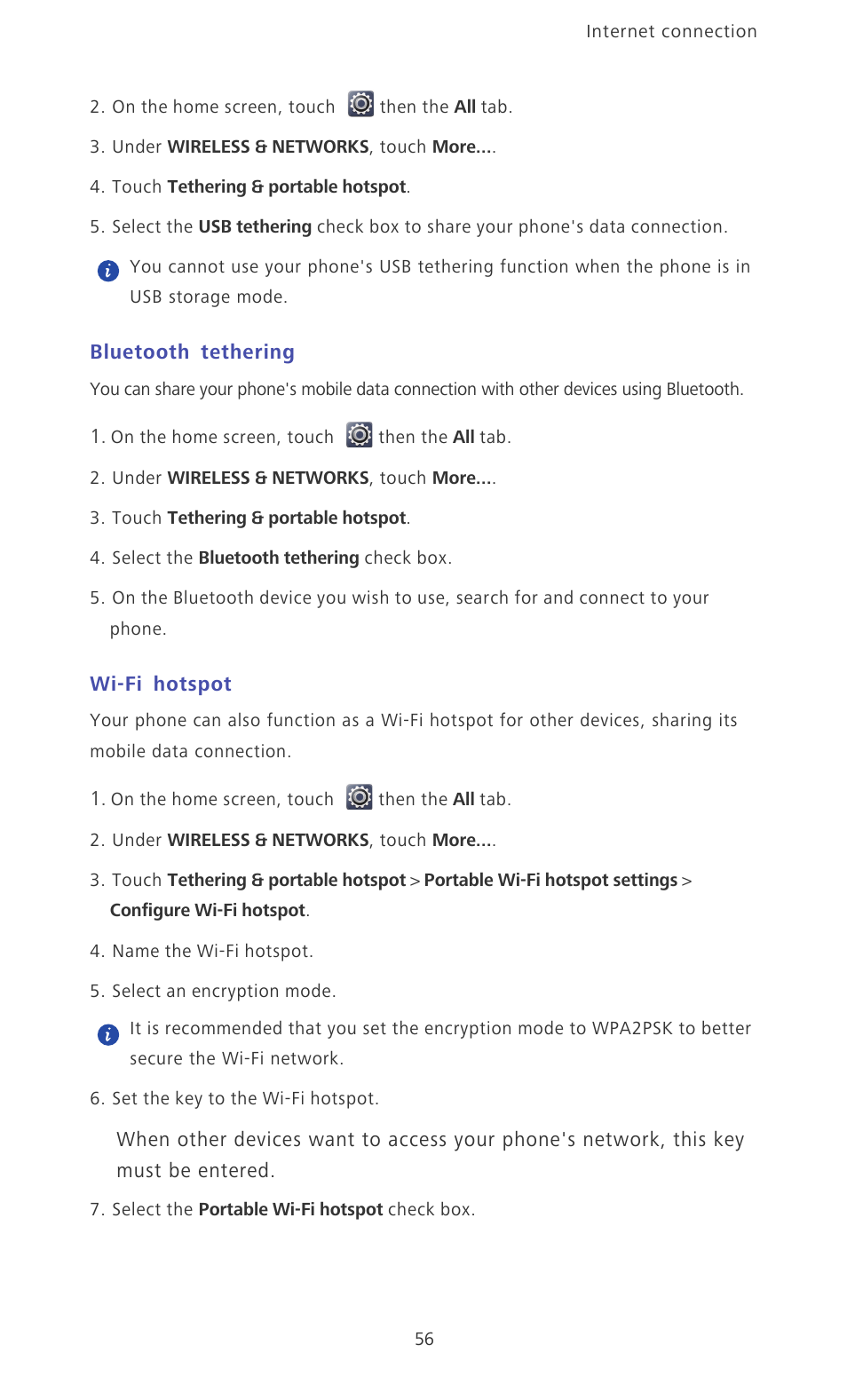 Bluetooth tethering, Wi-fi hotspot | Huawei Ascend D2 User Manual | Page 61 / 103