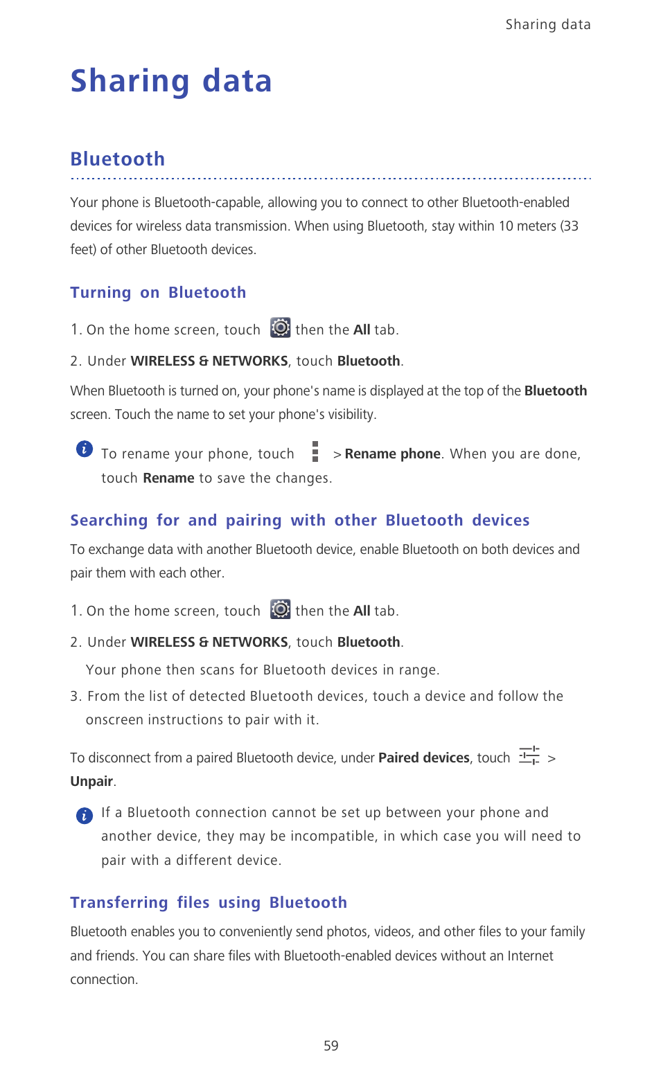 Sharing data, Bluetooth, Turning on bluetooth | Transferring files using bluetooth | Huawei Ascend D2 User Manual | Page 64 / 103