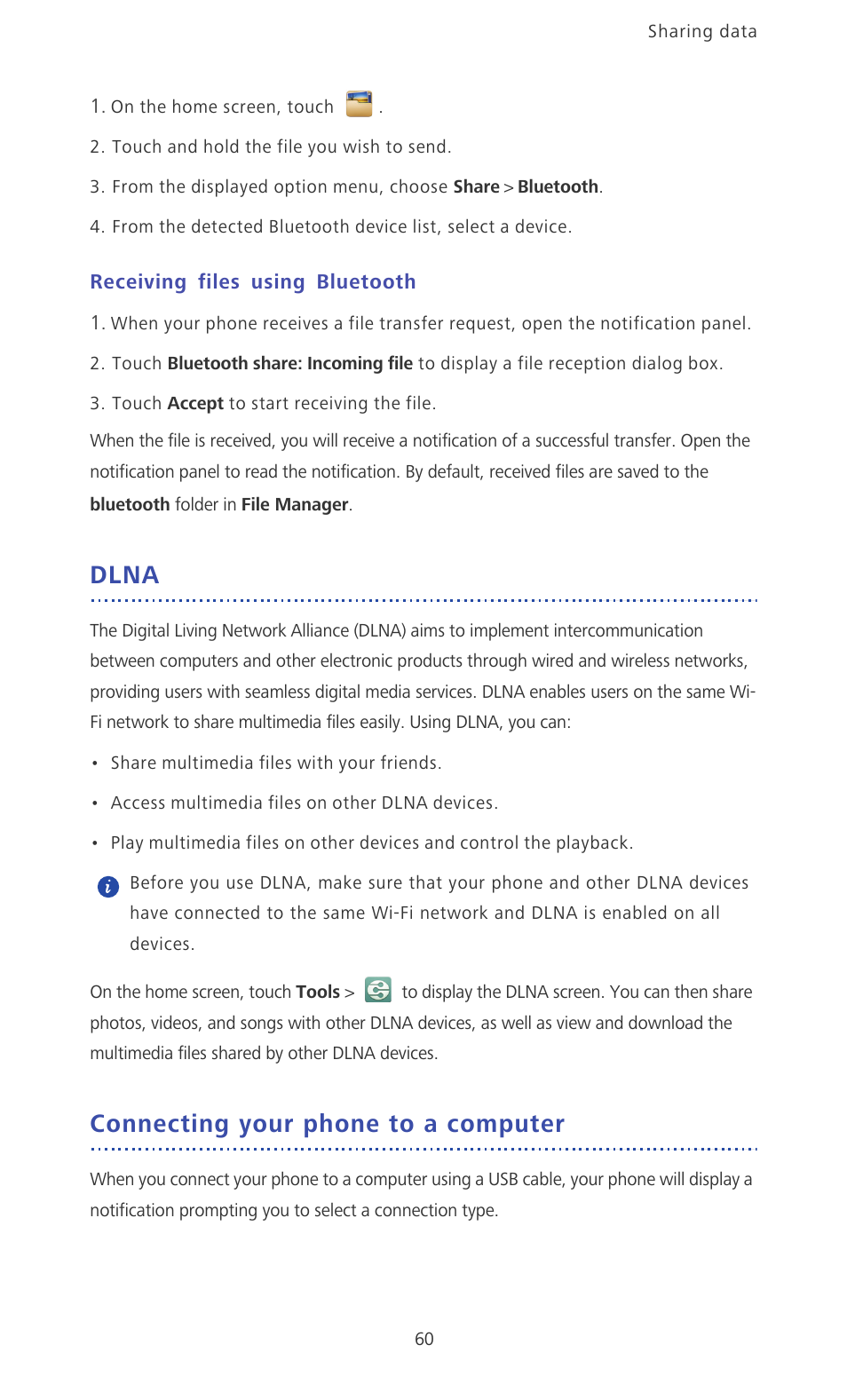 Receiving files using bluetooth, Dlna, Connecting your phone to a computer | Huawei Ascend D2 User Manual | Page 65 / 103