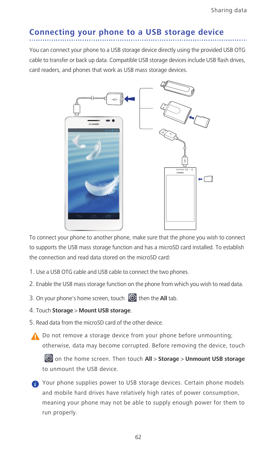 Connecting your phone to a usb storage device | Huawei Ascend D2 User Manual | Page 67 / 103