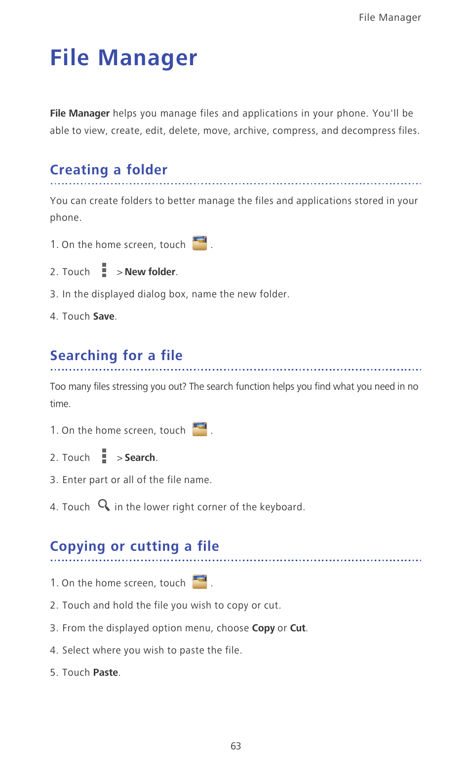 File manager, Creating a folder, Searching for a file | Copying or cutting a file | Huawei Ascend D2 User Manual | Page 68 / 103