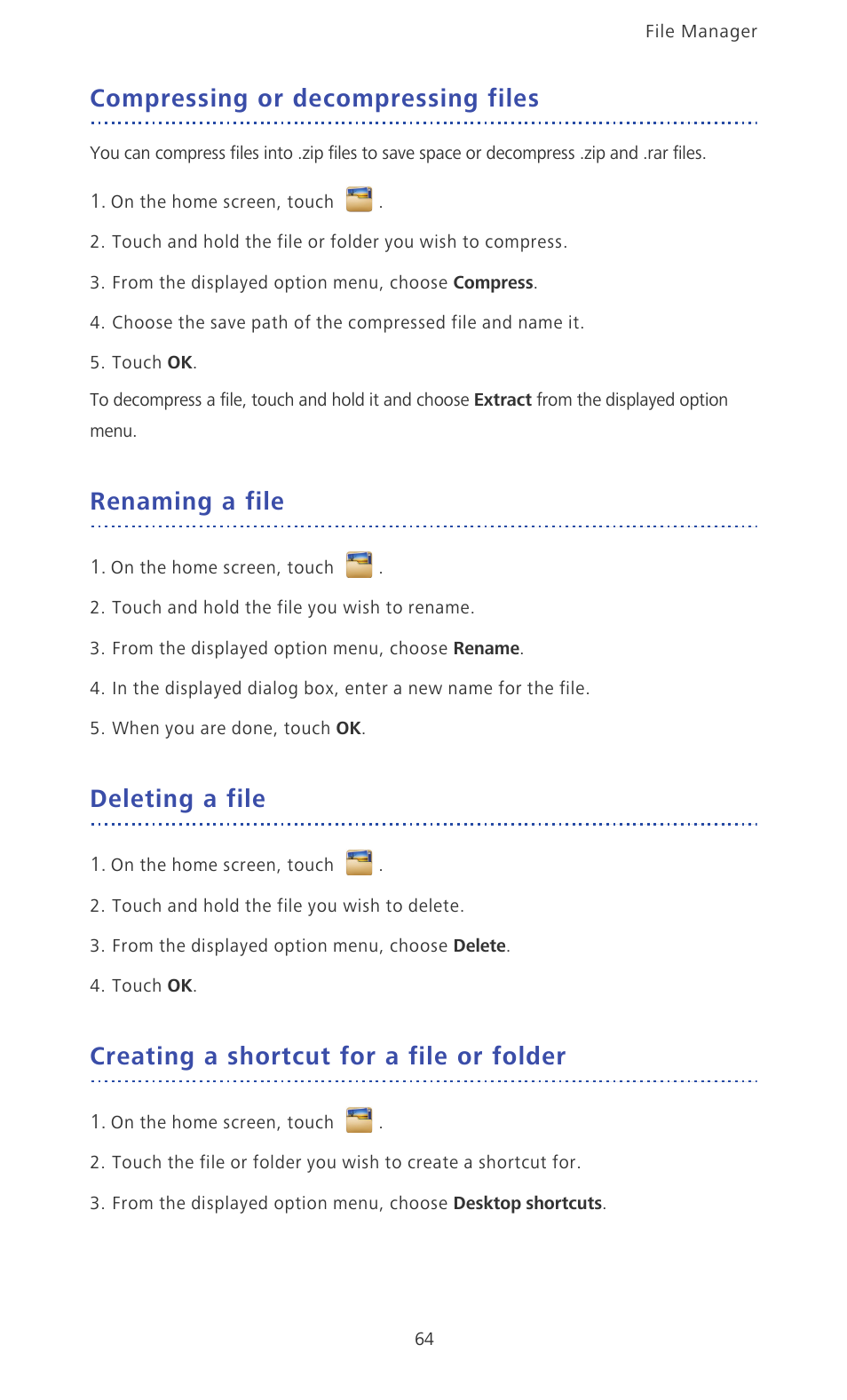 Compressing or decompressing files, Renaming a file, Deleting a file | Creating a shortcut for a file or folder | Huawei Ascend D2 User Manual | Page 69 / 103