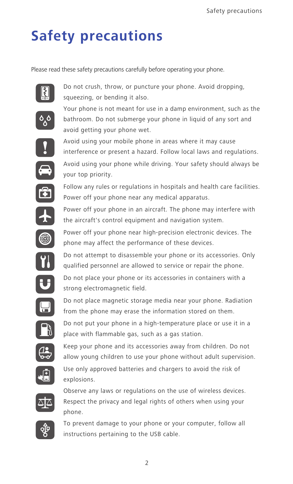 Safety precautions | Huawei Ascend D2 User Manual | Page 7 / 103