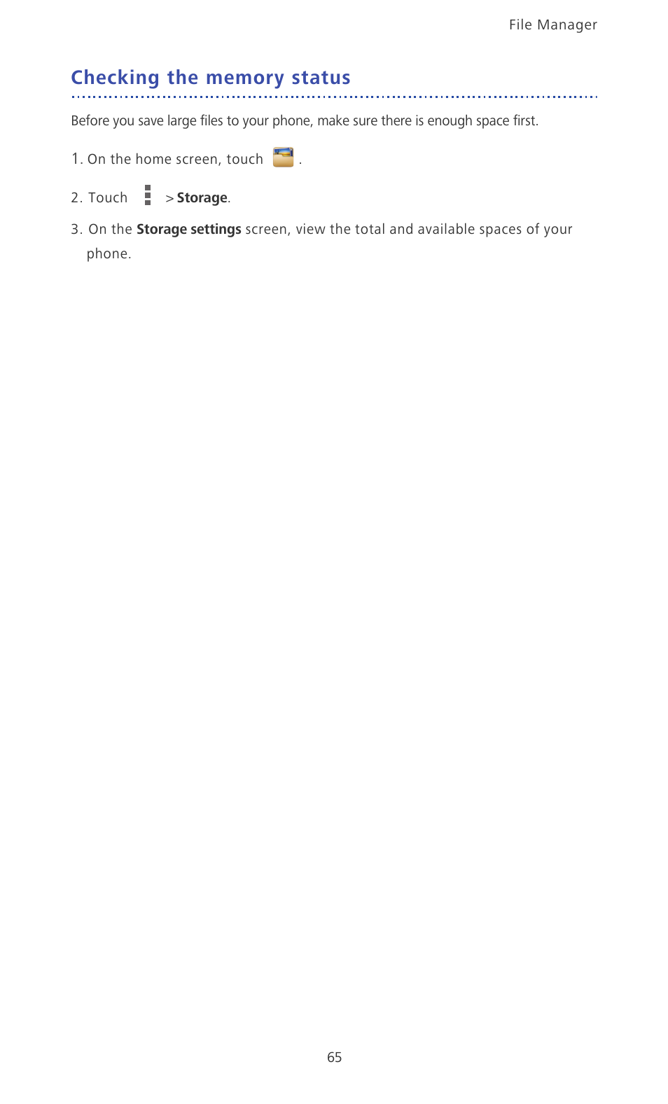 Checking the memory status | Huawei Ascend D2 User Manual | Page 70 / 103