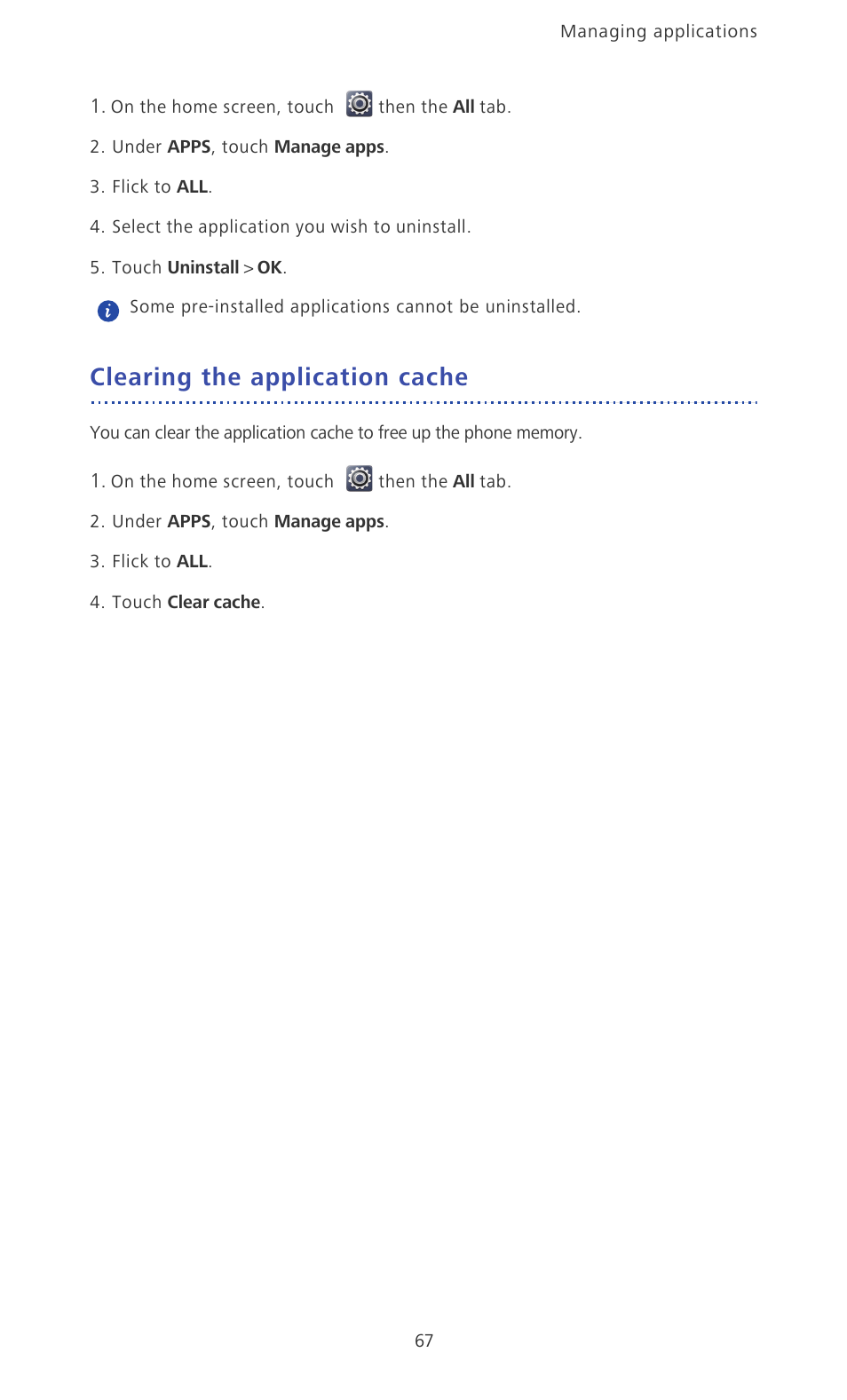 Clearing the application cache | Huawei Ascend D2 User Manual | Page 72 / 103