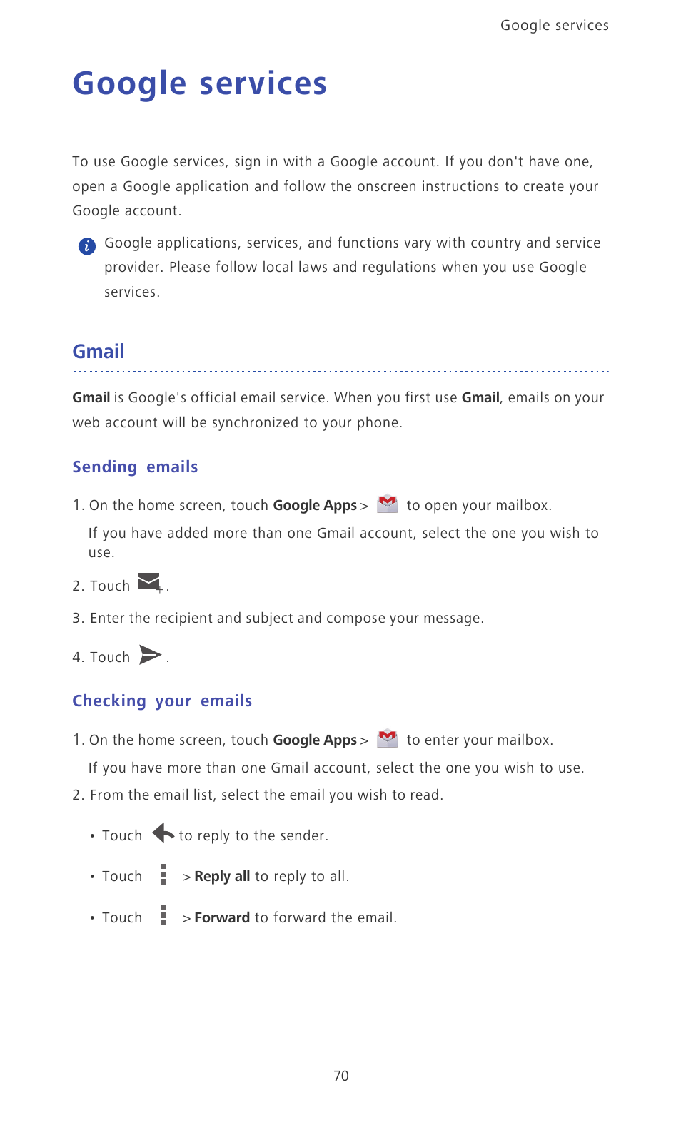 Google services, Gmail, Sending emails | Checking your emails | Huawei Ascend D2 User Manual | Page 75 / 103