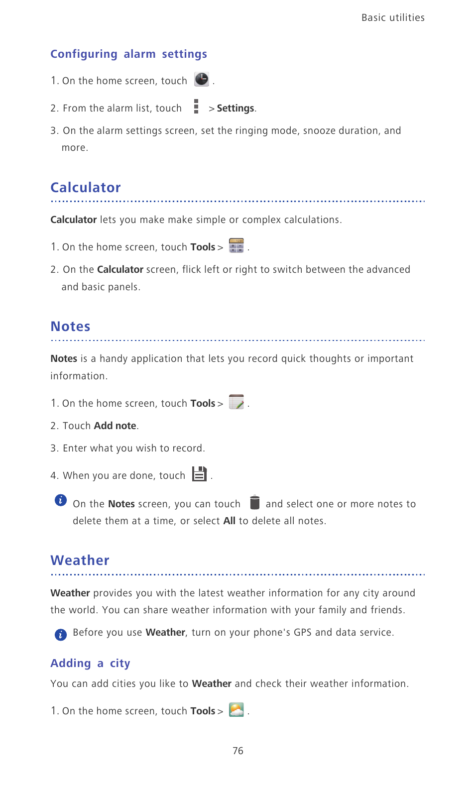 Configuring alarm settings, Calculator, Notes | Weather, Adding a city | Huawei Ascend D2 User Manual | Page 81 / 103