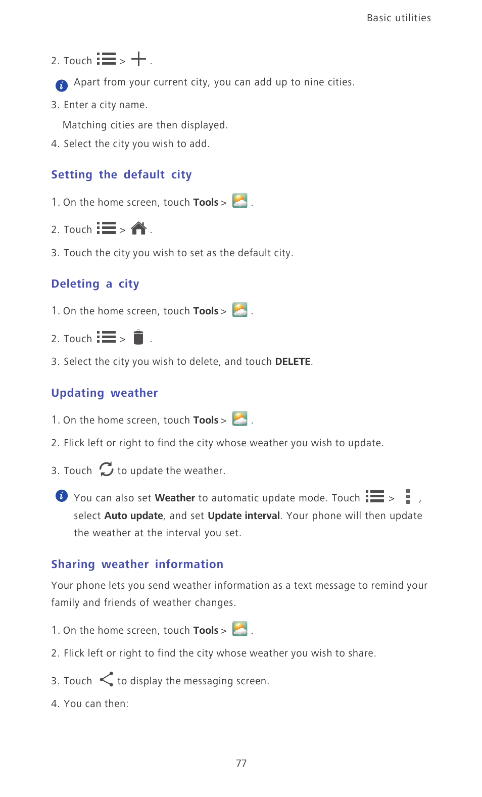 Setting the default city, Deleting a city, Updating weather | Sharing weather information | Huawei Ascend D2 User Manual | Page 82 / 103