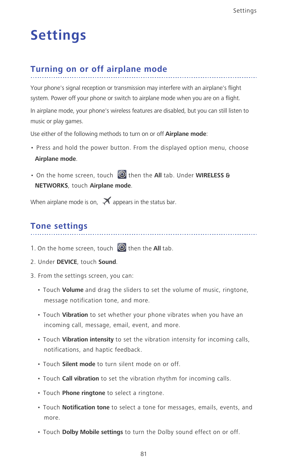 Settings, Turning on or off airplane mode, Tone settings | Huawei Ascend D2 User Manual | Page 86 / 103