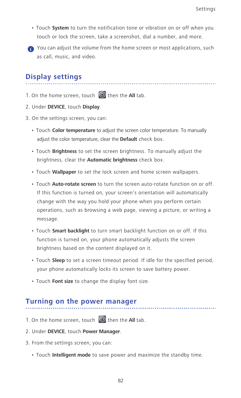 Display settings, Turning on the power manager | Huawei Ascend D2 User Manual | Page 87 / 103