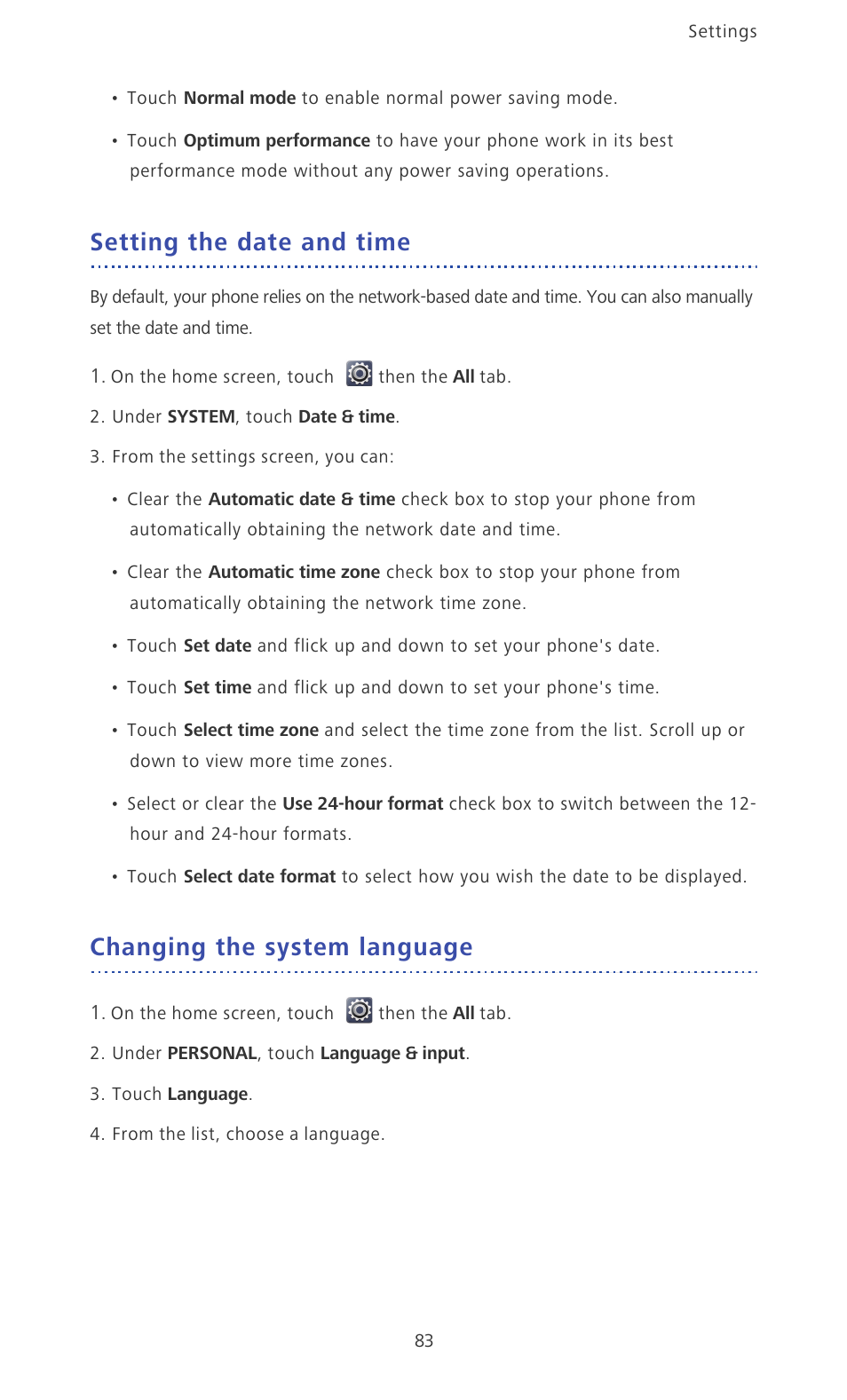 Setting the date and time, Changing the system language | Huawei Ascend D2 User Manual | Page 88 / 103